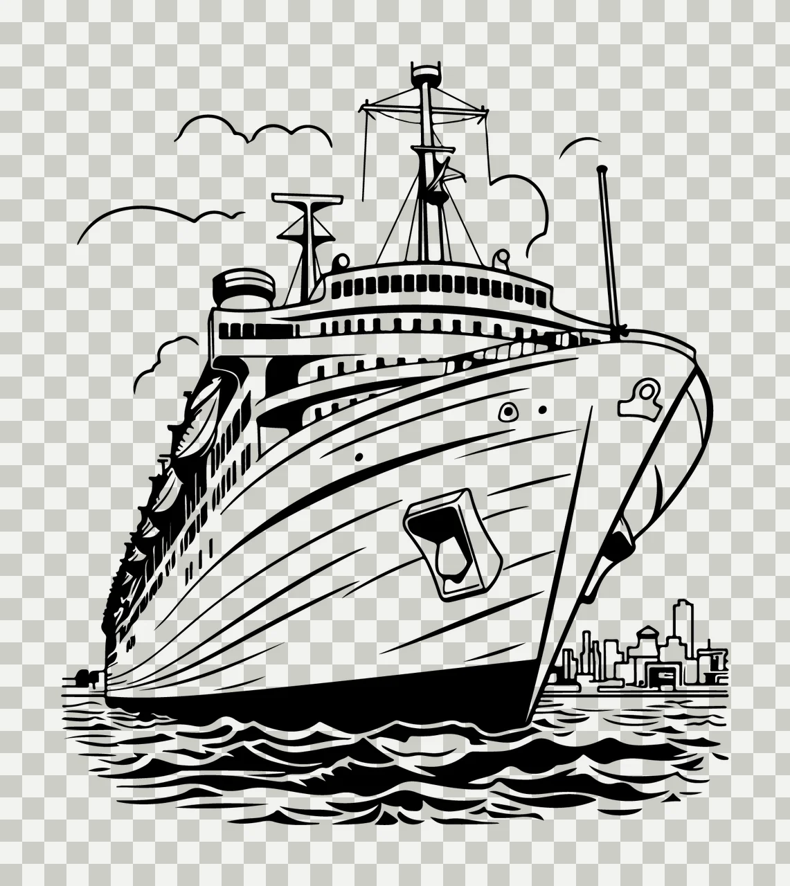Ship Large Passenger Front View Sketch sailing waves clouds transparency and detail preview thumbnail