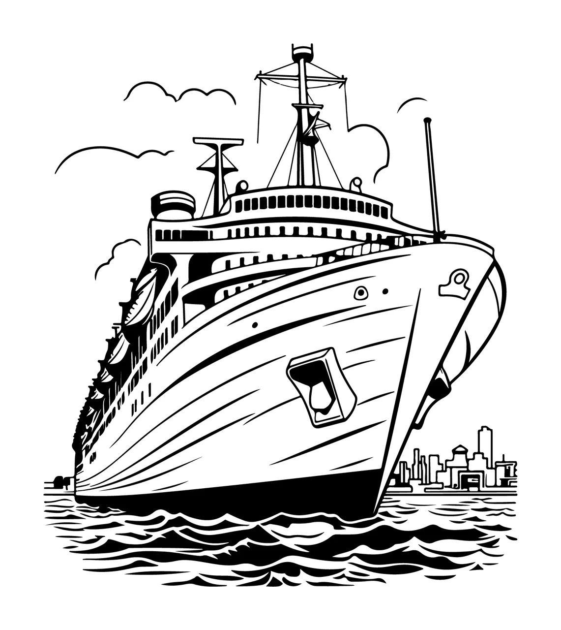 Ship Large Passenger Front View Sketch sailing waves clouds