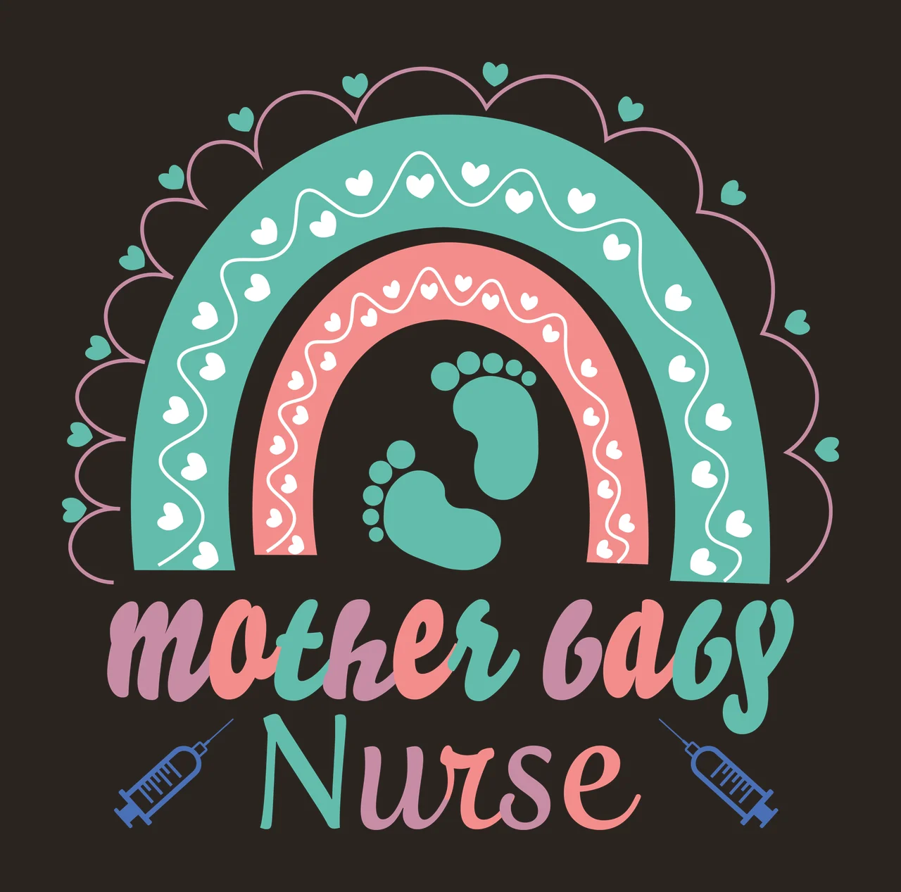 Mother Baby Nurse Black Rainbow With Heart Border footprints contrast preview thumbnail