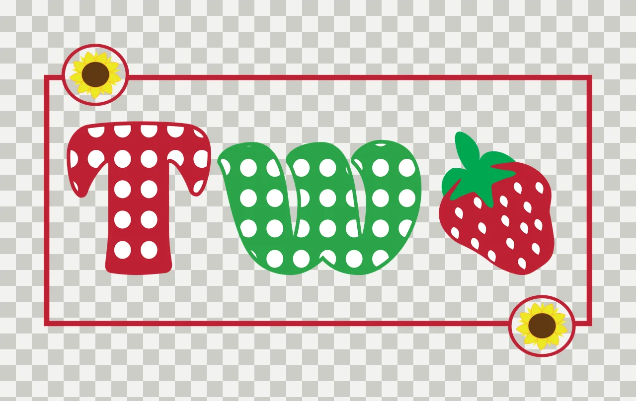 TW Typography Design with letter T, strawberry graphic, sunflower circular icons and rectangular frame border in red, green and yellow transparency and detail preview thumbnail