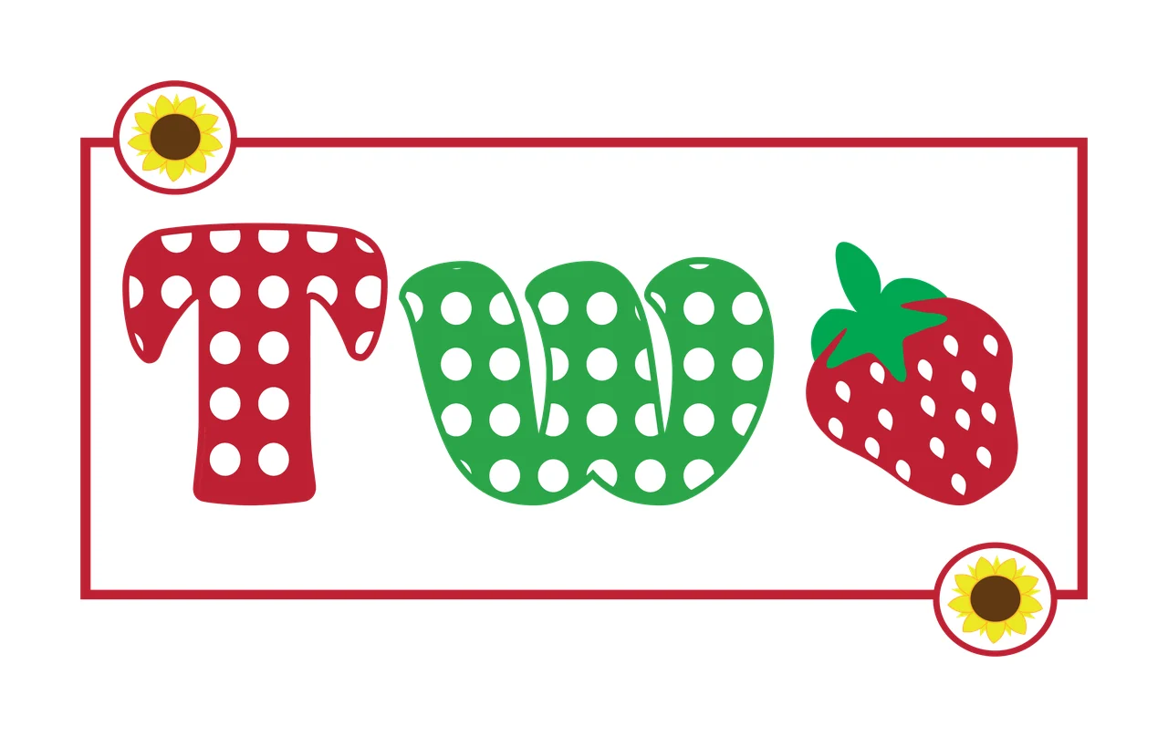 TW Typography Design with letter T, strawberry graphic, sunflower circular icons and rectangular frame border in red, green and yellow