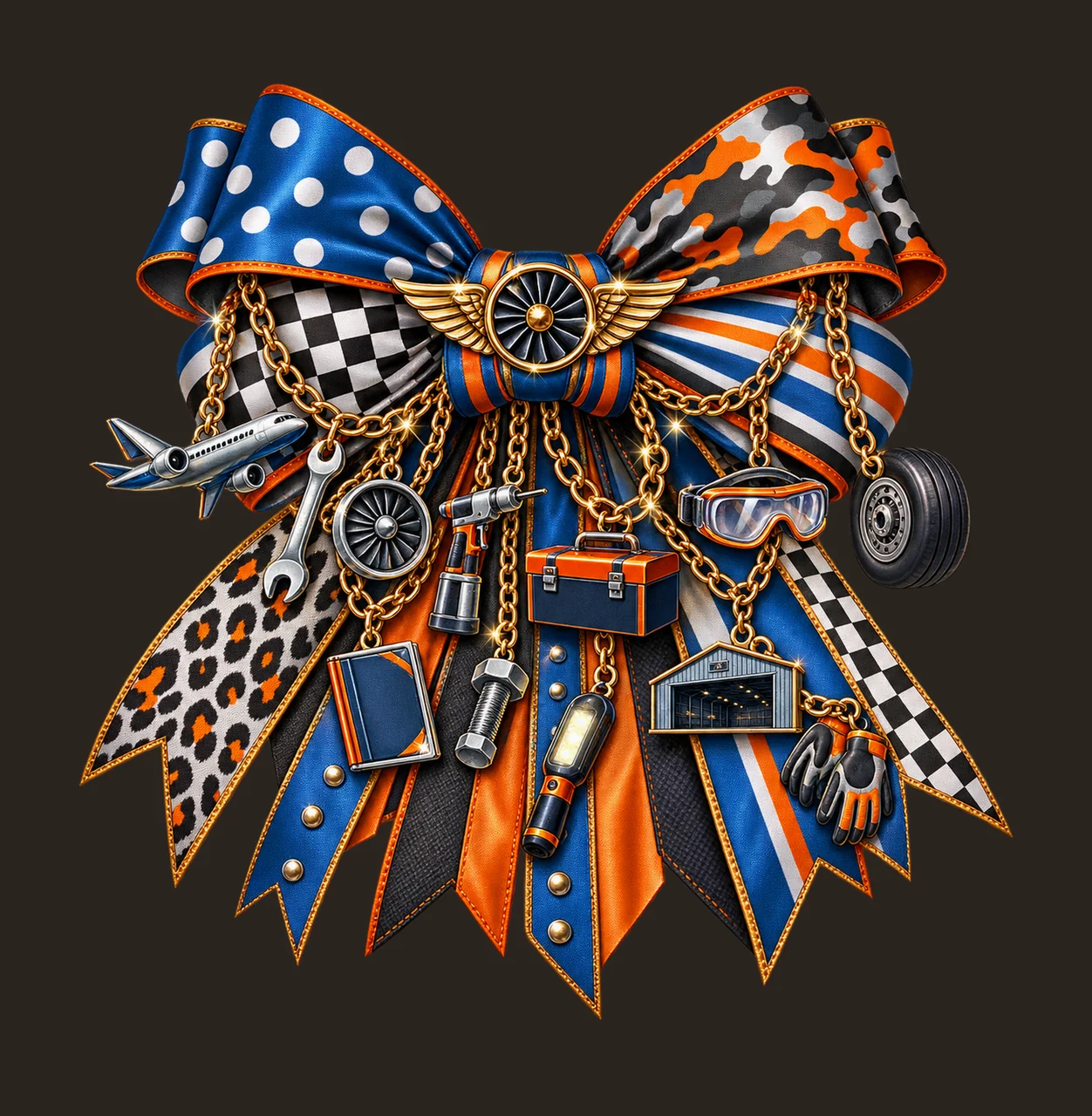 Aircraft Mechanic Bow Charm PNG, Themed Gold Chain Charms, Coquette Ribbon Sublimation Design, Transparent Digital Download contrast preview thumbnail