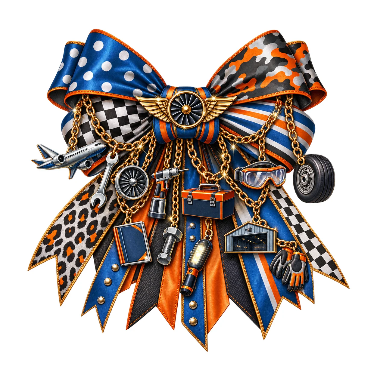 Aircraft Mechanic Bow Charm PNG, Themed Gold Chain Charms, Coquette Ribbon Sublimation Design, Transparent Digital Download
