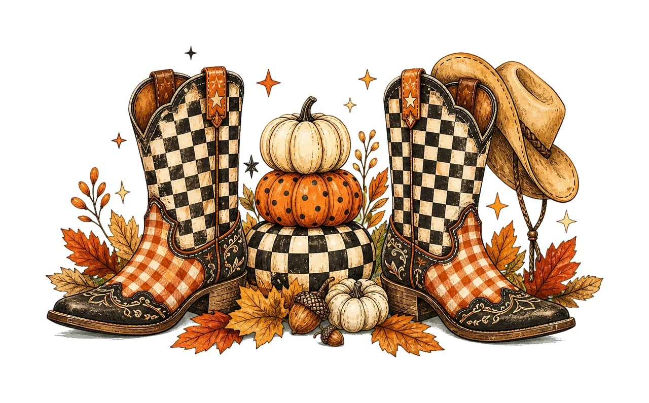 Cowboy Boots Checkered Fall Brushstroke Fall Variation C