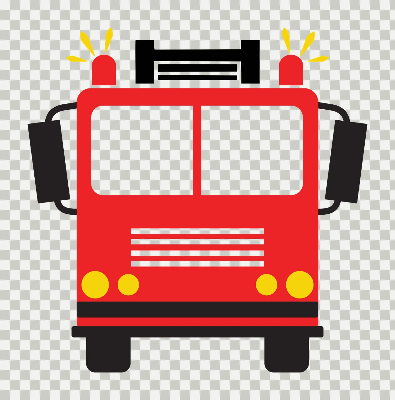 Fire truck Illustration with windshield, flashing emergency lights, side mirrors and radiator grille in red, black and yellow transparency and detail preview thumbnail