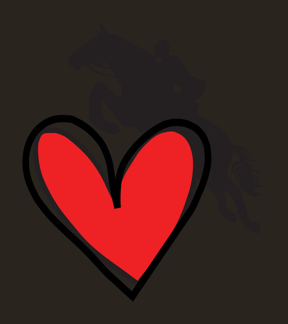 Rider and horse silhouette over heart Illustration with black silhouette of a rider on a rearing horse and red heart with black outline contrast preview thumbnail