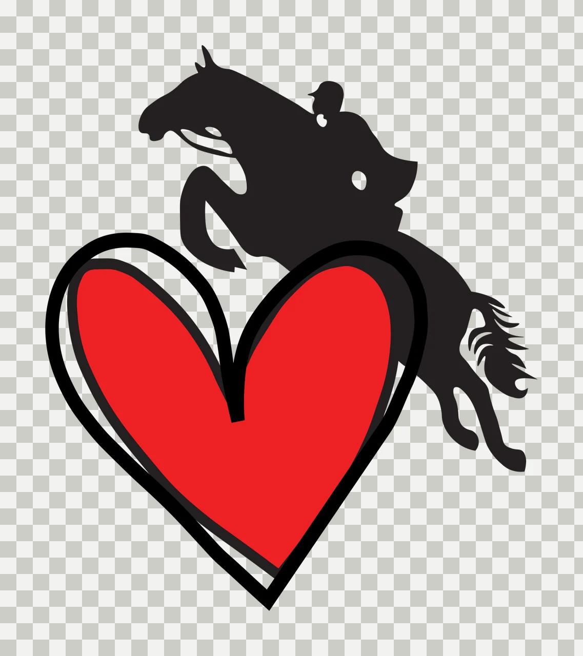 Rider and horse silhouette over heart Illustration with black silhouette of a rider on a rearing horse and red heart with black outline transparency and detail preview thumbnail