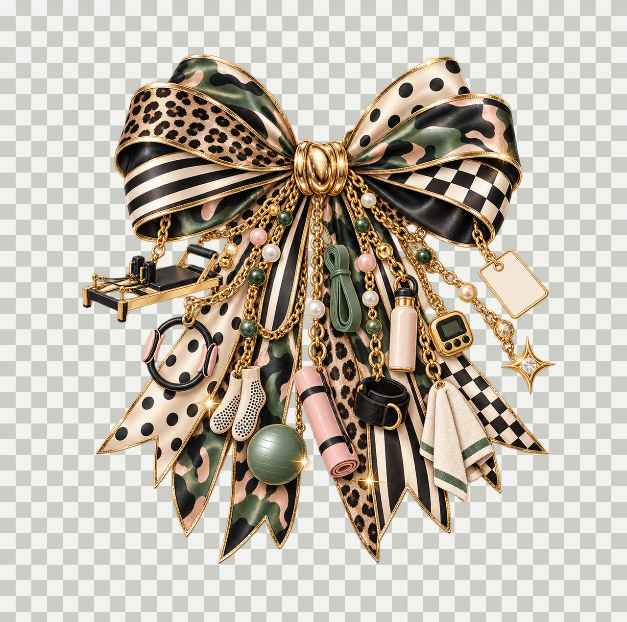 Pilates Lover Bow Charm PNG, Themed Gold Chain Charms, Coquette Ribbon Sublimation Design, Transparent Digital Download transparency and detail preview thumbnail