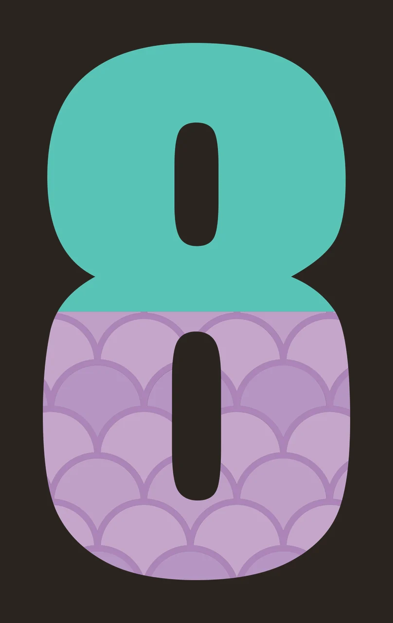 8 eight Number Design with digit 8, scallop pattern, fish scales and horizontal split in teal, purple and lavender contrast preview thumbnail