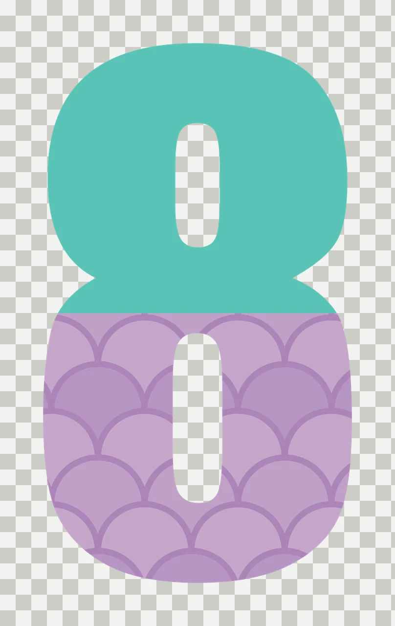 8 eight Number Design with digit 8, scallop pattern, fish scales and horizontal split in teal, purple and lavender transparency and detail preview thumbnail