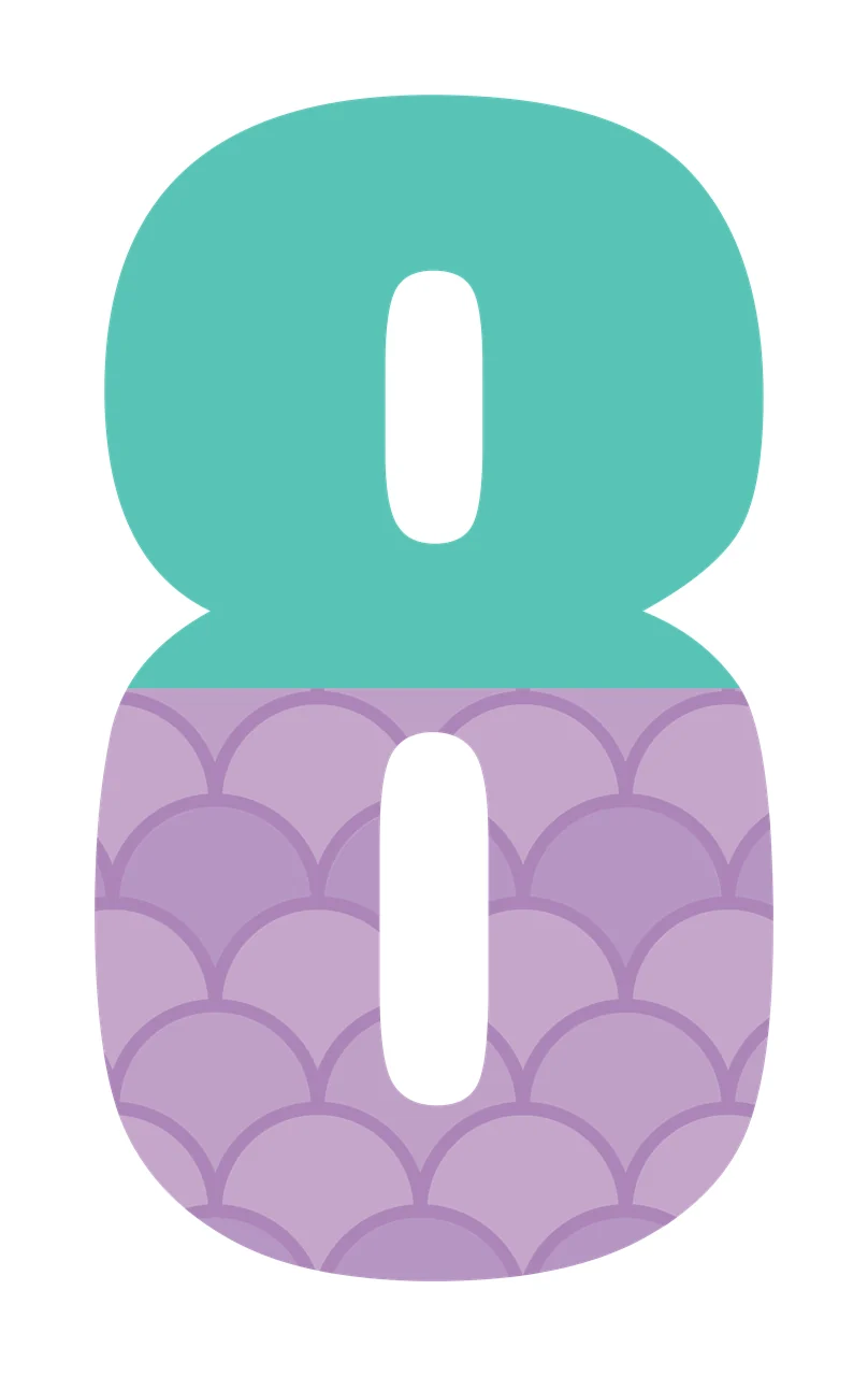 8 eight Number Design with digit 8, scallop pattern, fish scales and horizontal split in teal, purple and lavender