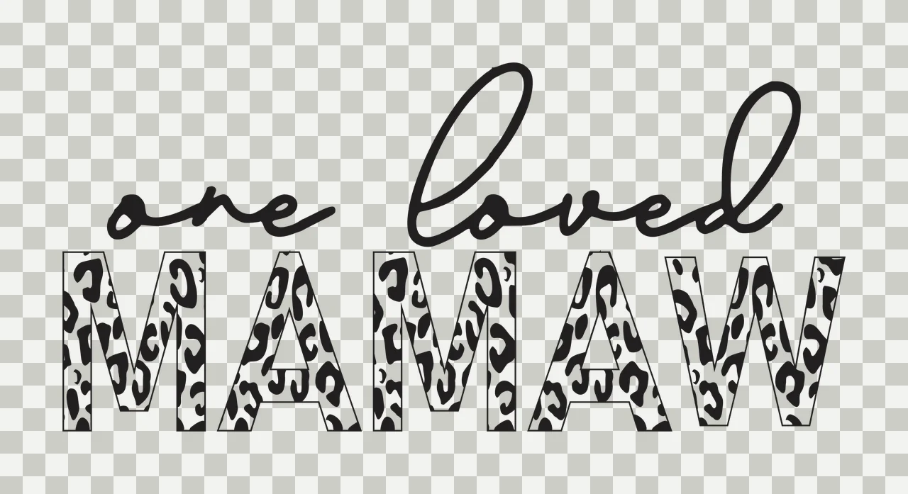 One loved MAMAW Typography Design with black cursive text 'one loved' and leopard-patterned block letters 'MAMAW' in white transparency and detail preview thumbnail