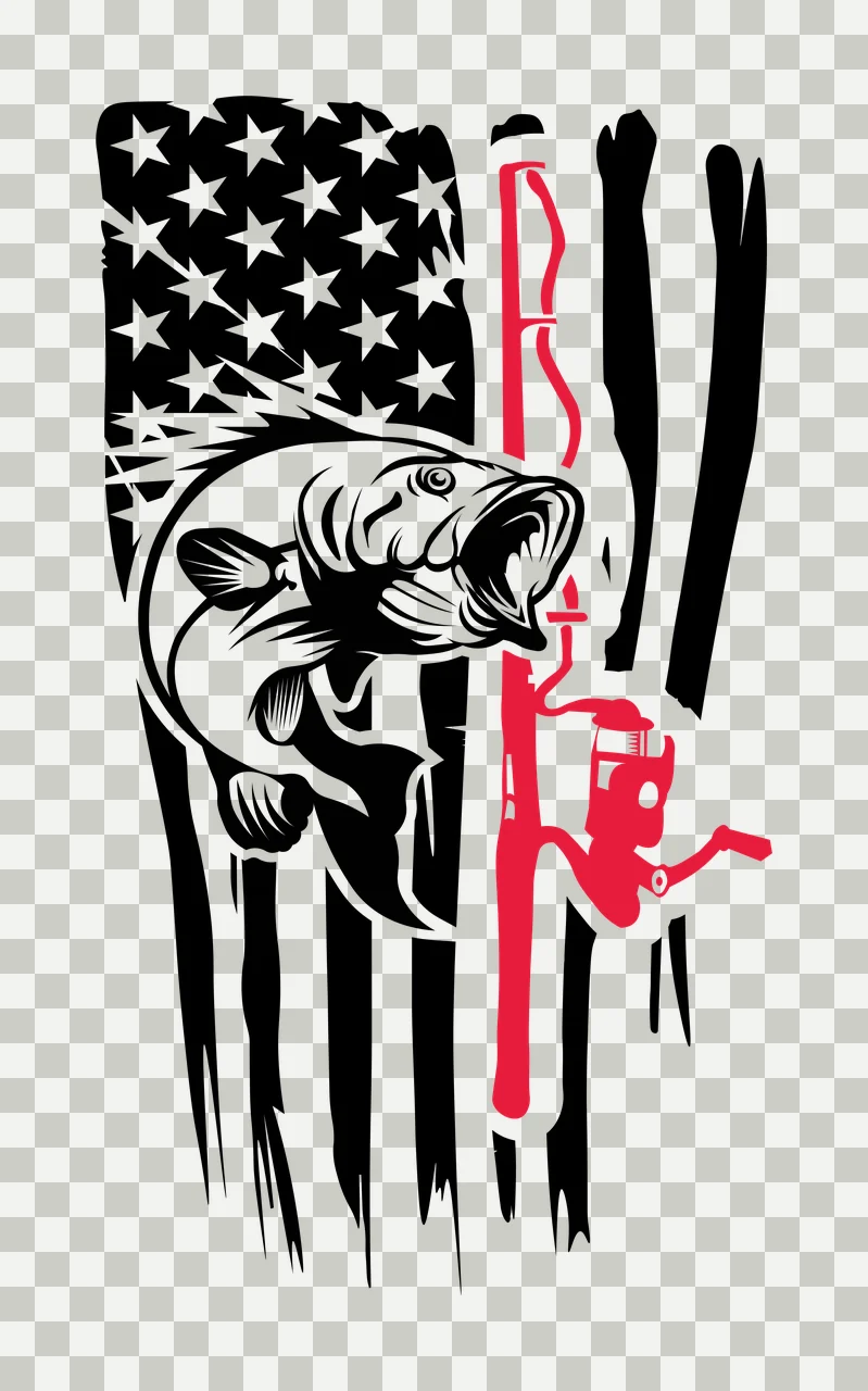 Fishing Flag Graphic With Fish leaping rod grunge black white transparency and detail preview thumbnail