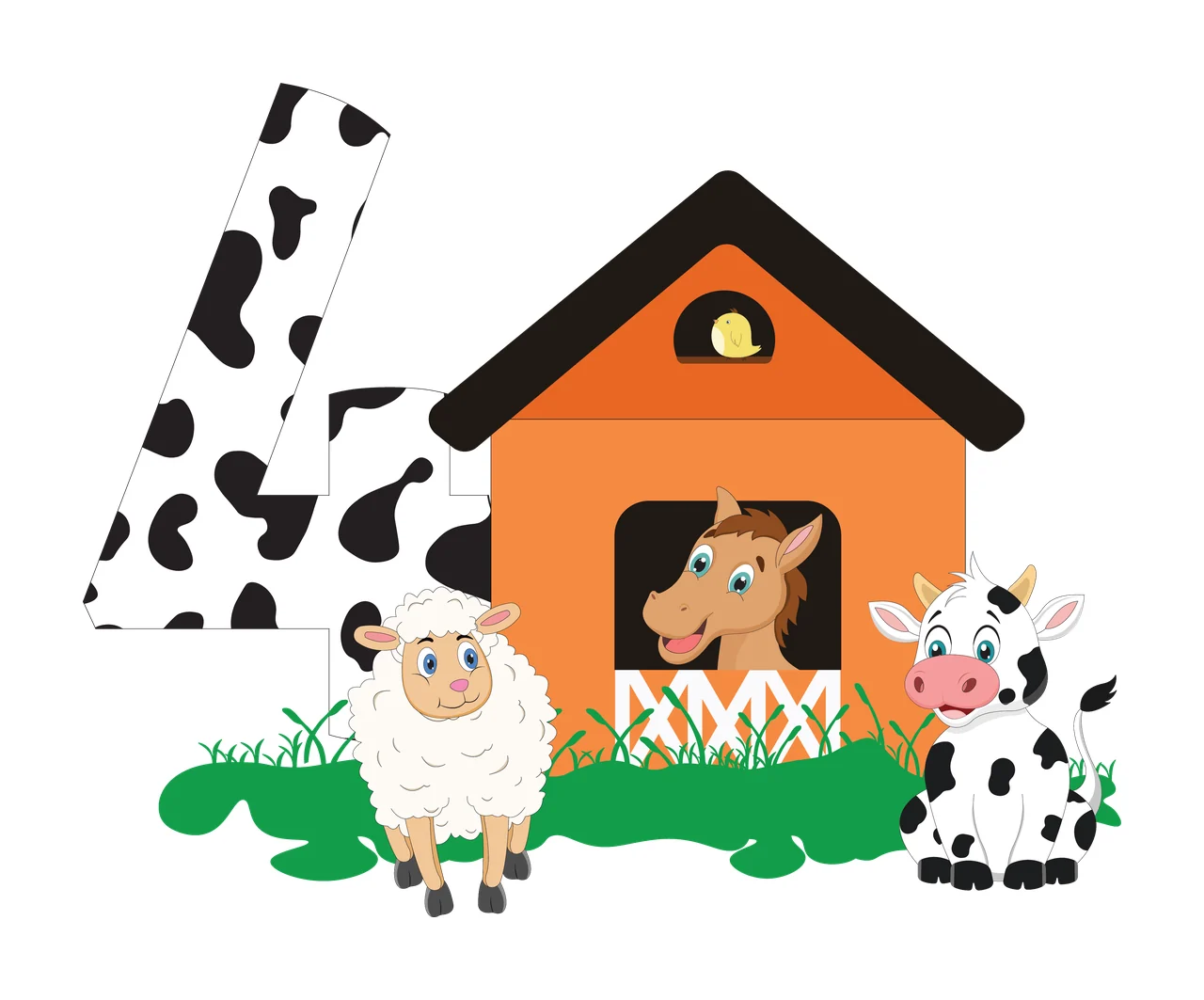 Farm 4 Number Four Theme Silhouette stationary barn cow grass