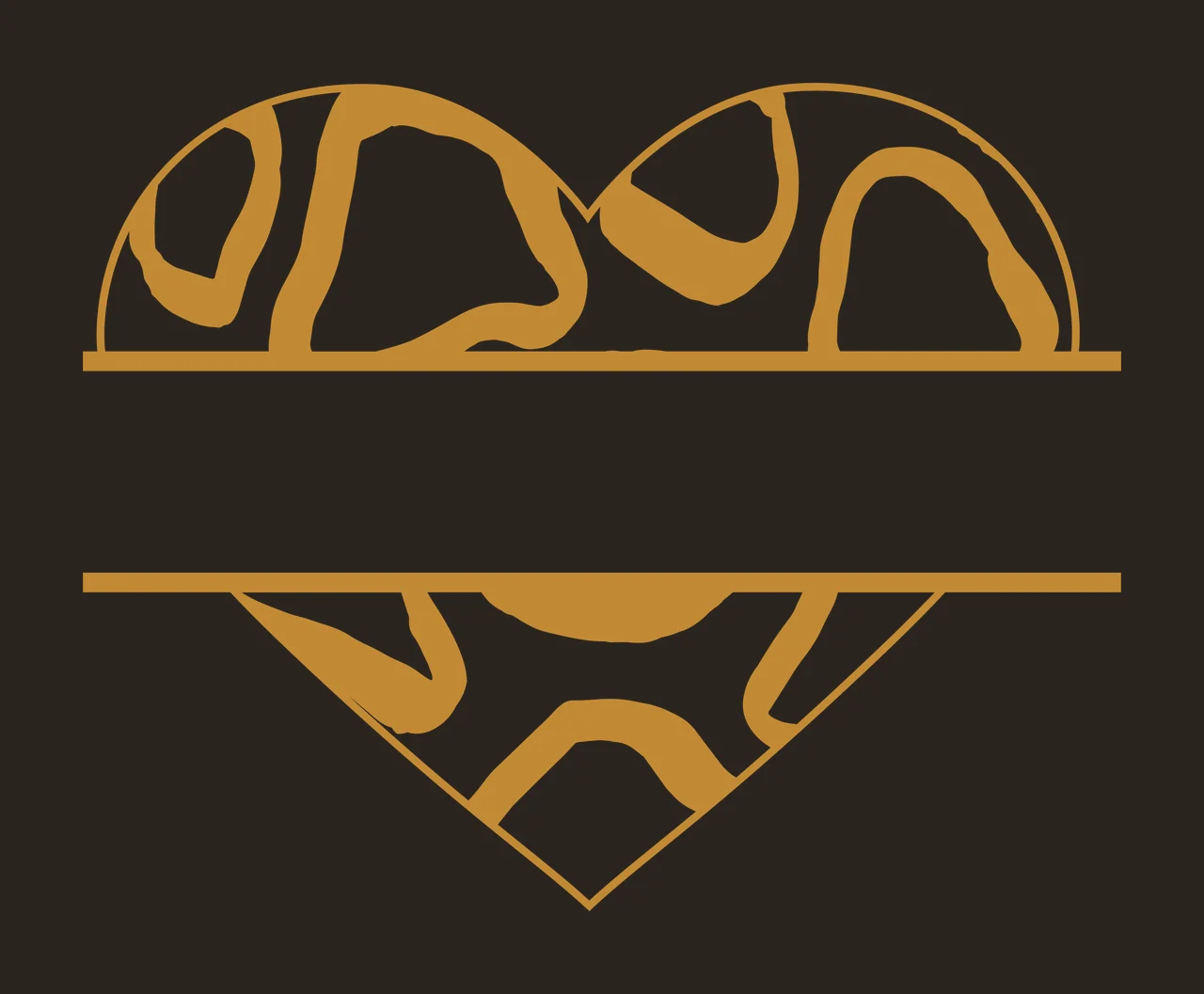 Split heart monogram frame with animal print, giraffe spots, horizontal bars and text space in gold, orange and white contrast preview thumbnail