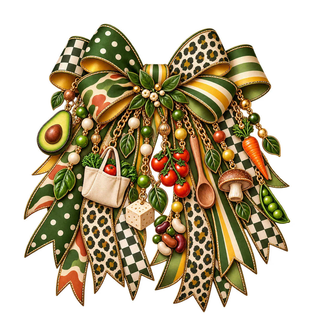Vegan Food Lover Bow Charm PNG, Avocado Tofu Vegetables and Leaf Charms, Plant Based Sublimation Design, Transparent Download