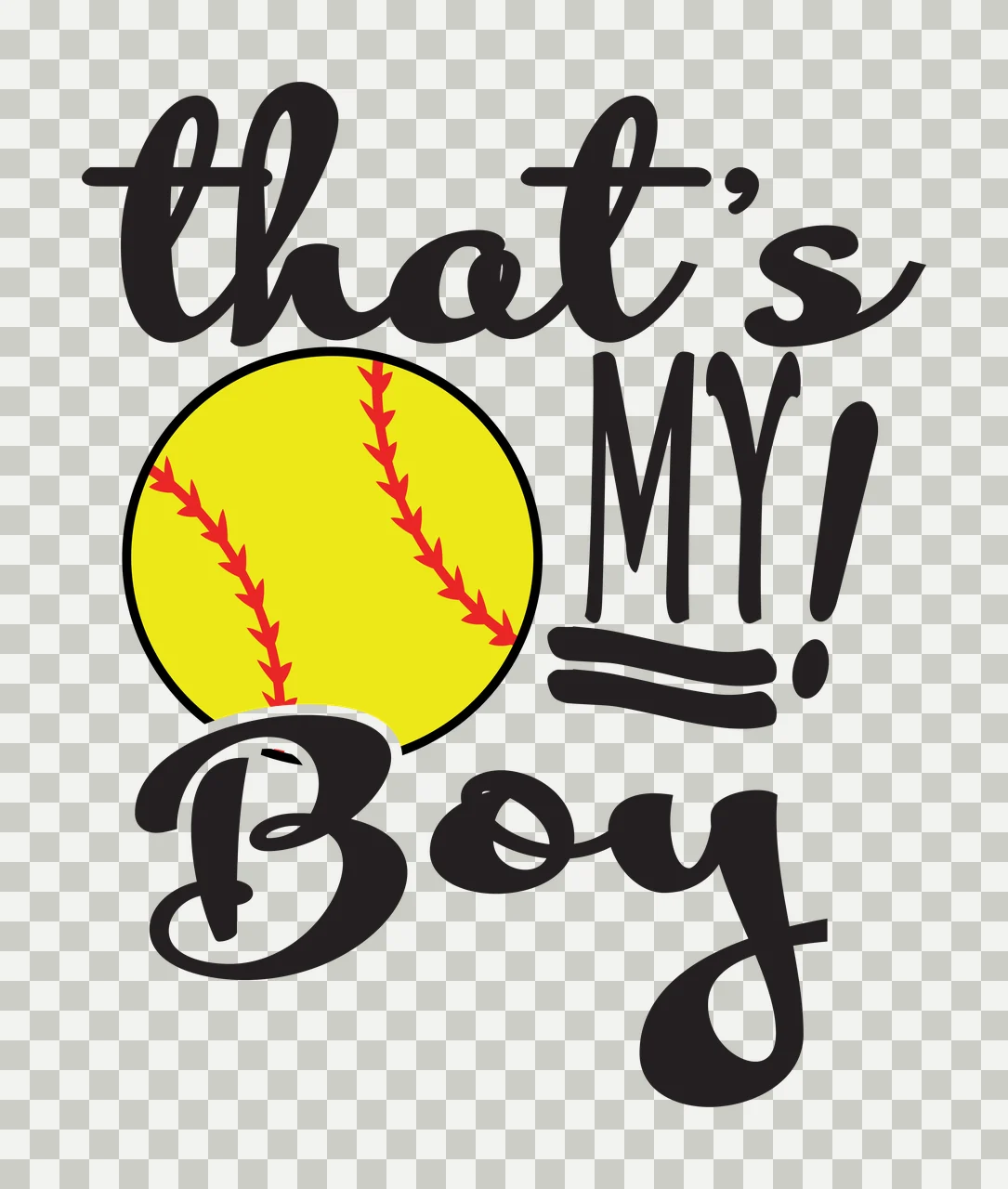 That's MY! Boy softball typography illustration with yellow softball, red stitching, cursive text and black lettering transparency and detail preview thumbnail