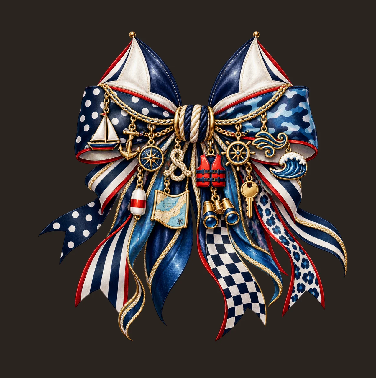 Sailing Lover Bow Charm PNG, Themed Gold Chain Charms, Coquette Ribbon Sublimation Design, Transparent Digital Download contrast preview thumbnail