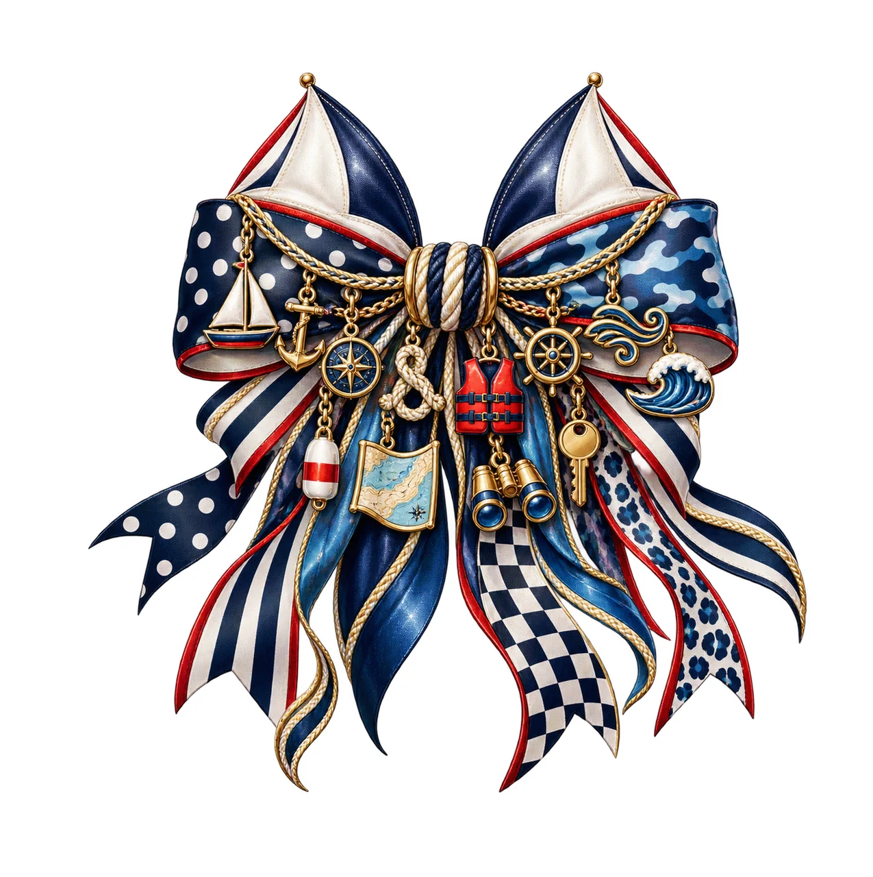 Sailing Lover Bow Charm PNG, Themed Gold Chain Charms, Coquette Ribbon Sublimation Design, Transparent Digital Download