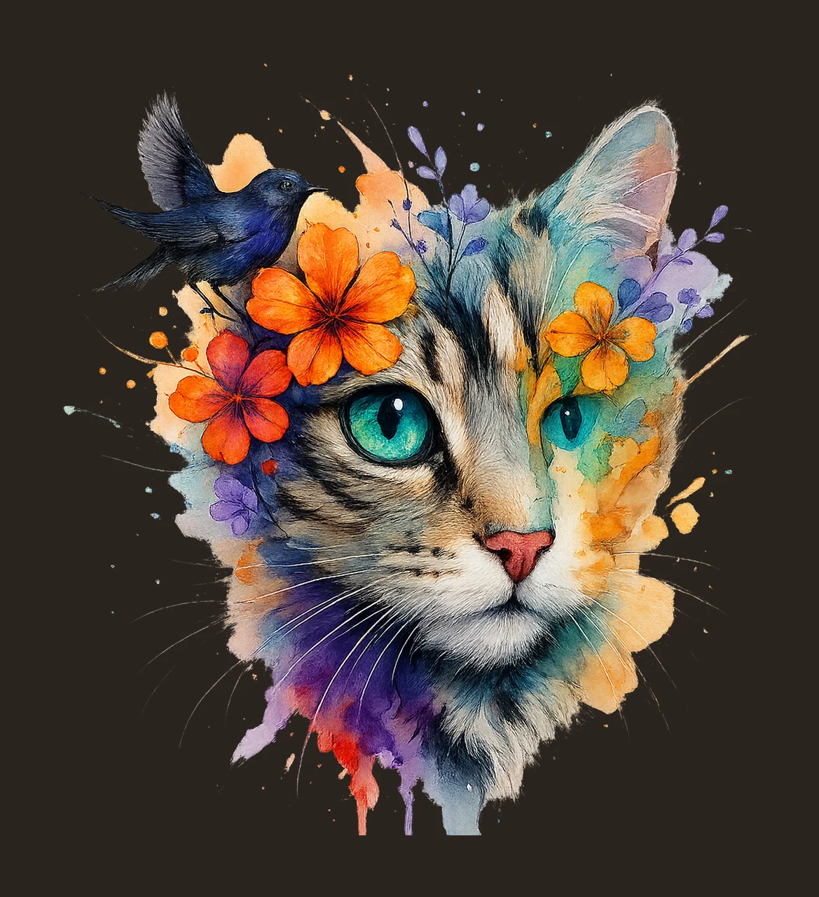 Watercolor Floral Cat Artwork Abstract Whimsical Design contrast preview thumbnail