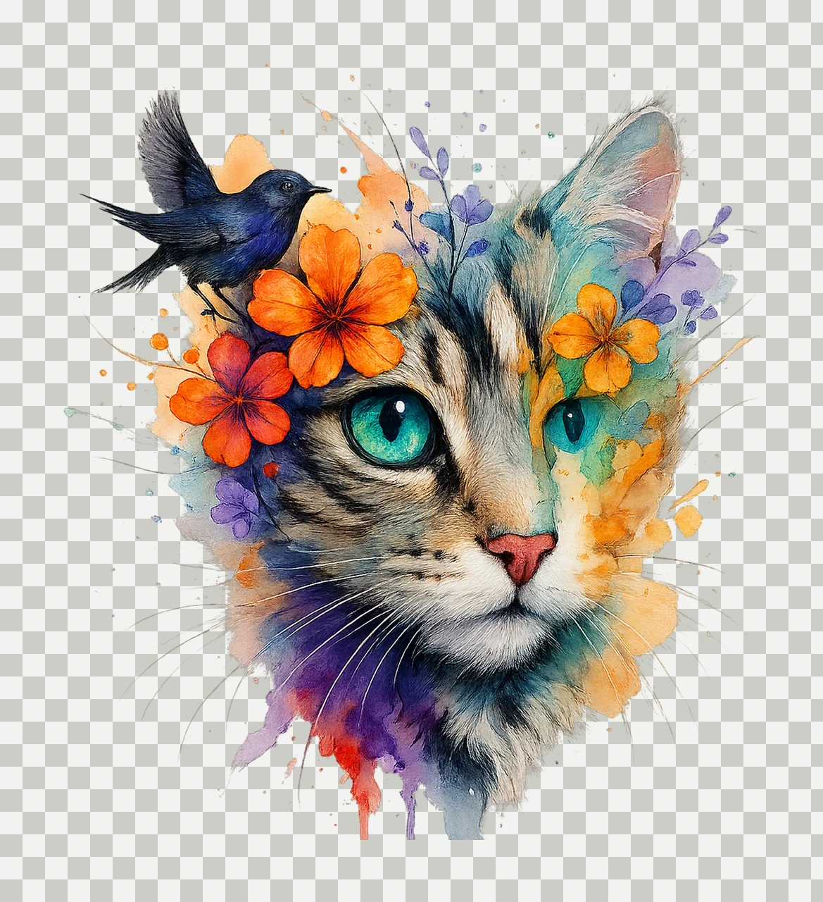 Watercolor Floral Cat Artwork Abstract Whimsical Design transparency and detail preview thumbnail