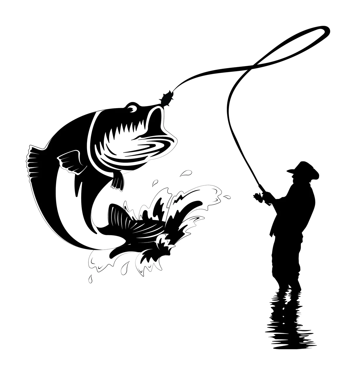 Fisherman Fish Silhouette With Jumping Large fishing rod water