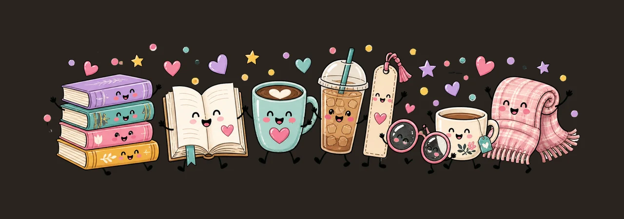 Books and Coffee Characters Doodle Cute Happy Variation B contrast preview thumbnail