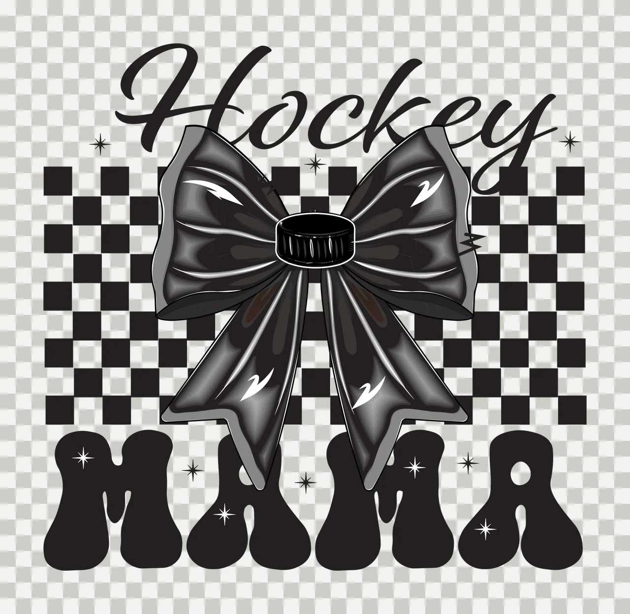 Hockey Mama Text With Checkered Pattern bow stars black white transparency and detail preview thumbnail