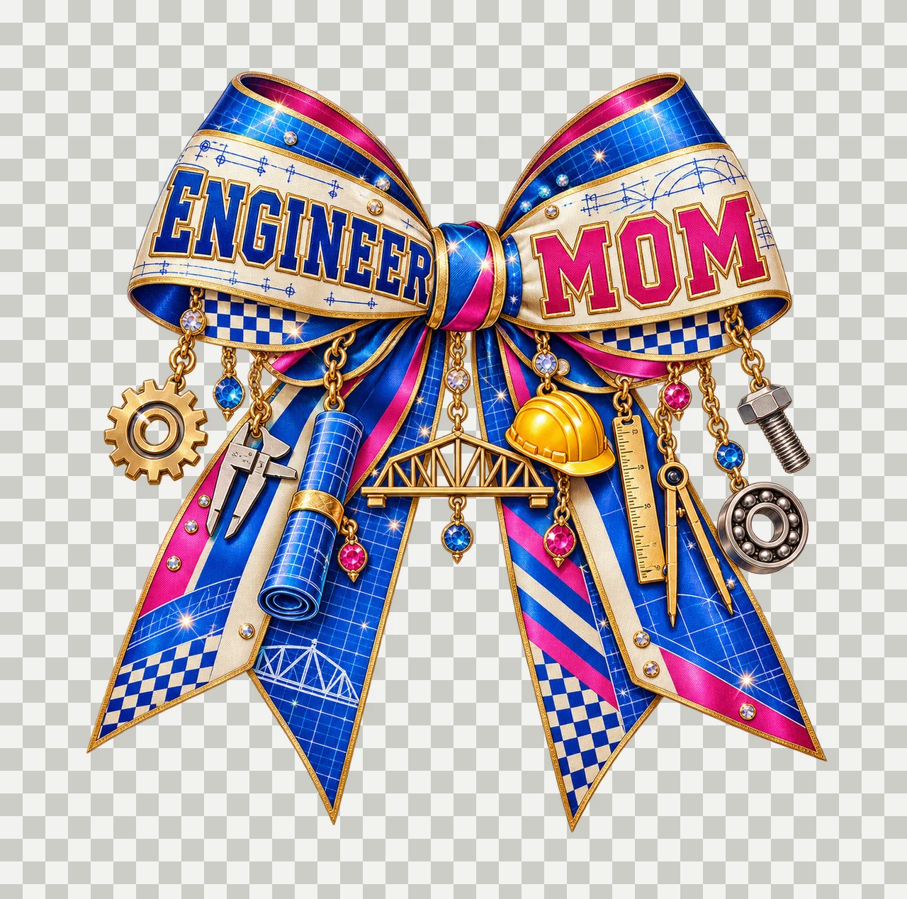 Engineer Mom Bow Charm PNG, Patterned Varsity Mom Ribbon Clipart, Transparent Sublimation Digital Download transparency and detail preview thumbnail