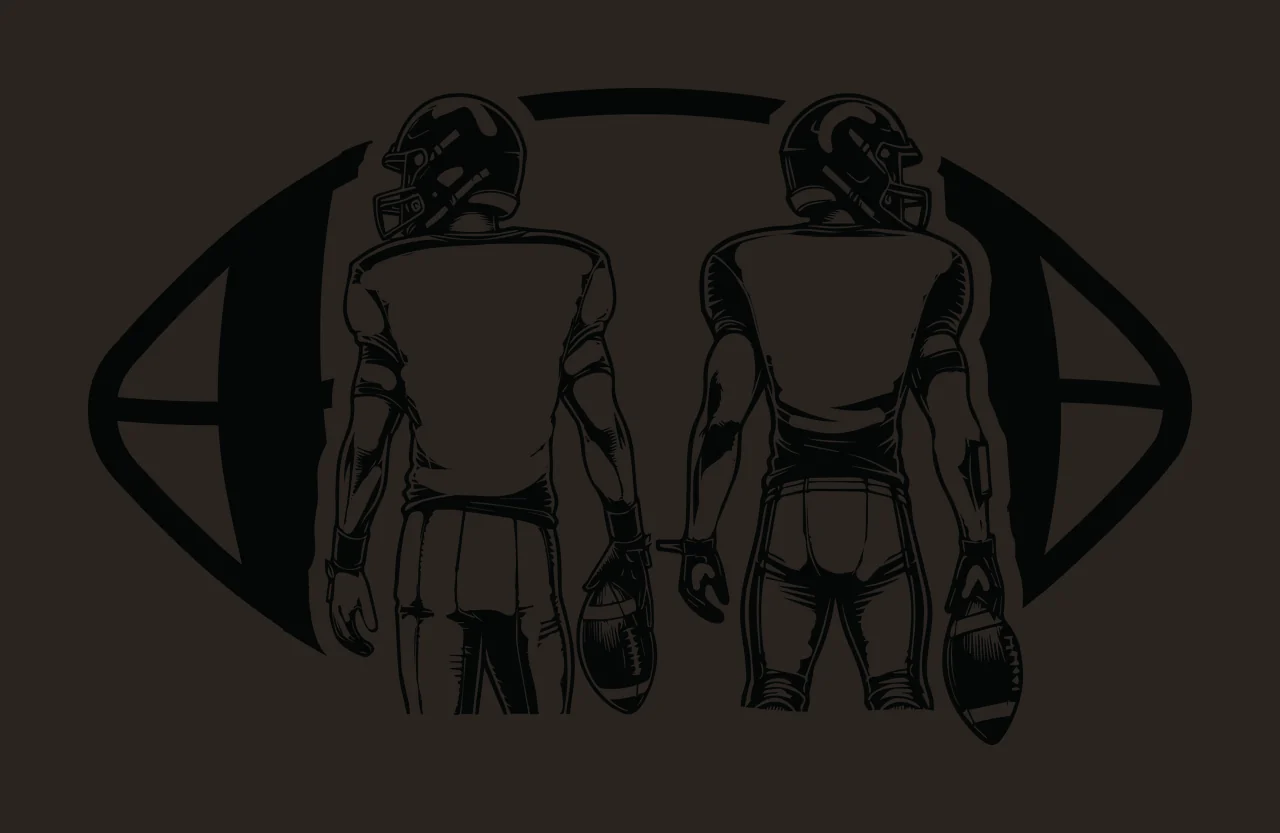 Two Football Players In Oval Frame standing helmets footballs contrast preview thumbnail