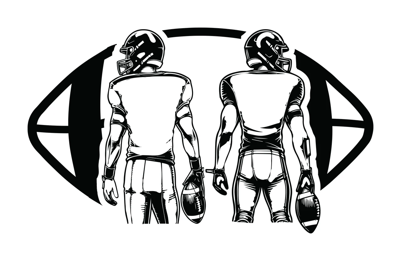 Two Football Players In Oval Frame standing helmets footballs
