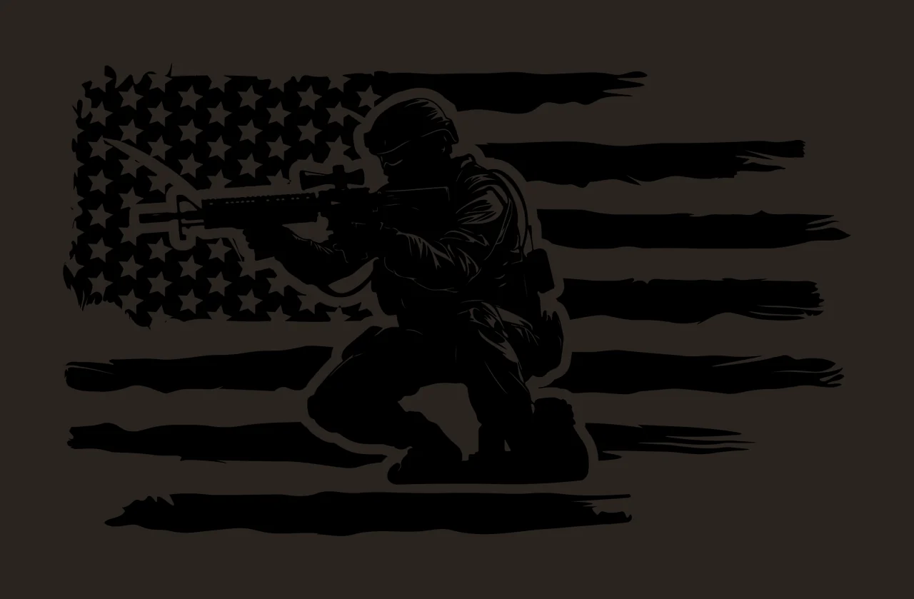 Soldier Kneeling With Rifle Before Flag helmet stripes stars contrast preview thumbnail