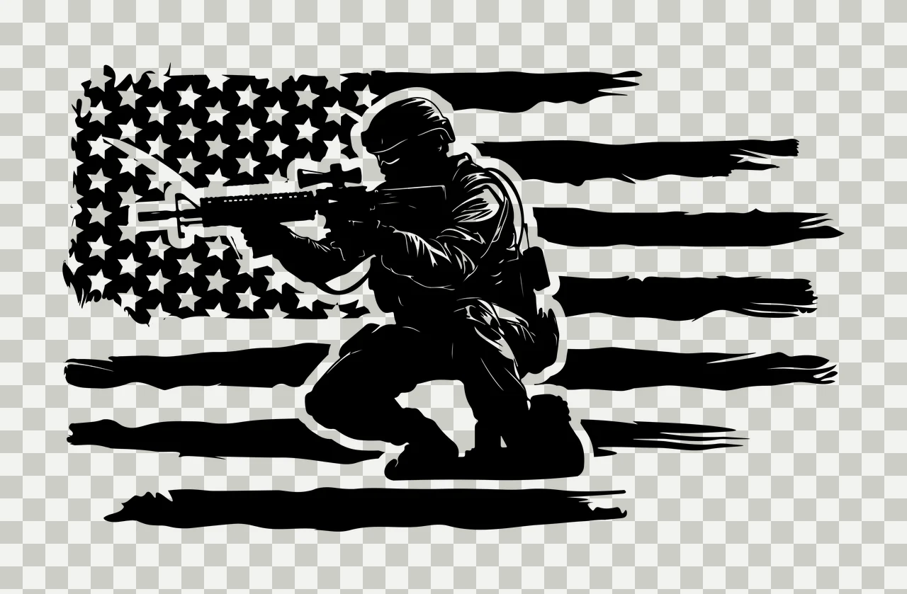 Soldier Kneeling With Rifle Before Flag helmet stripes stars transparency and detail preview thumbnail