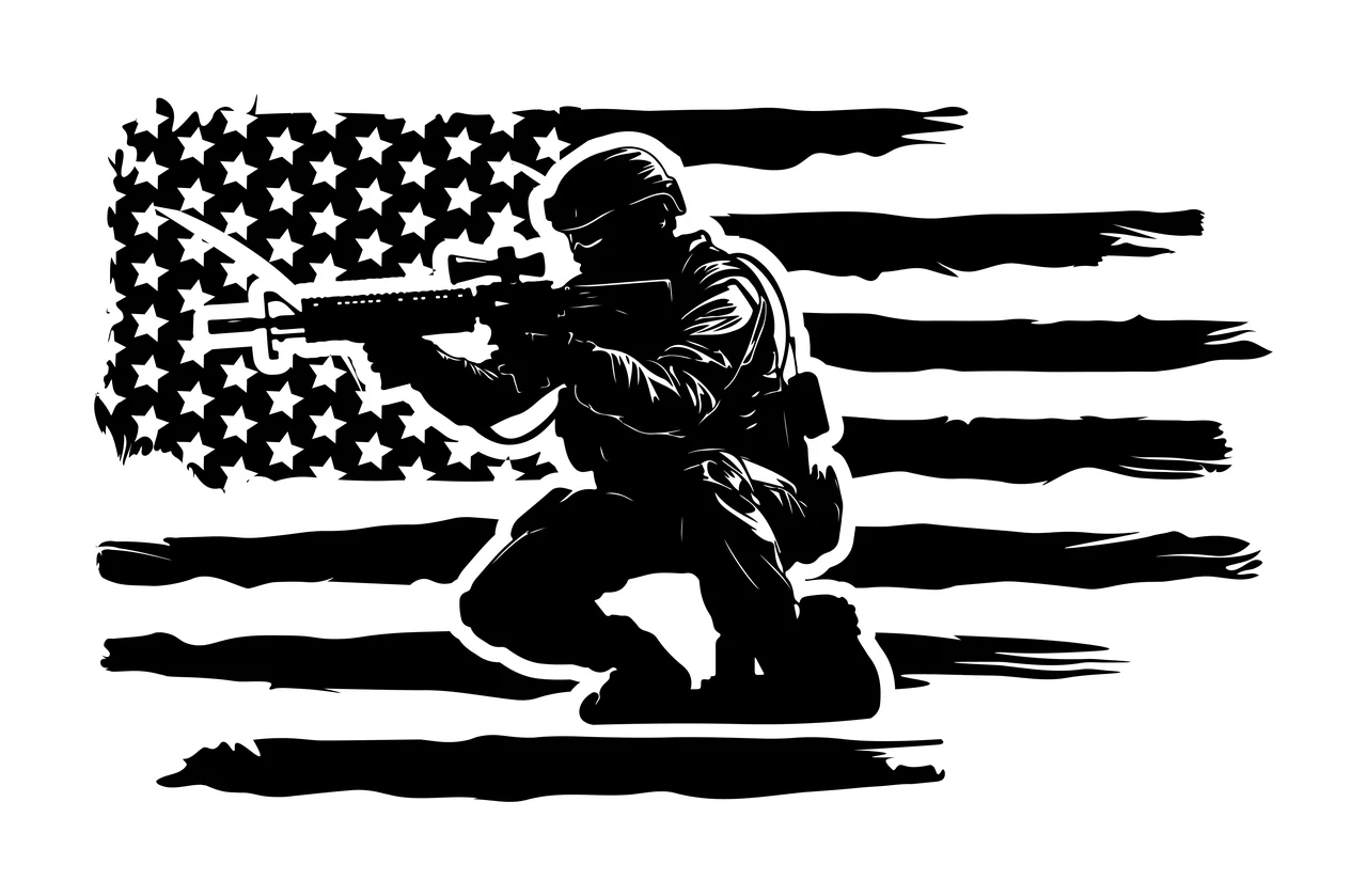 Soldier Kneeling With Rifle Before Flag helmet stripes stars