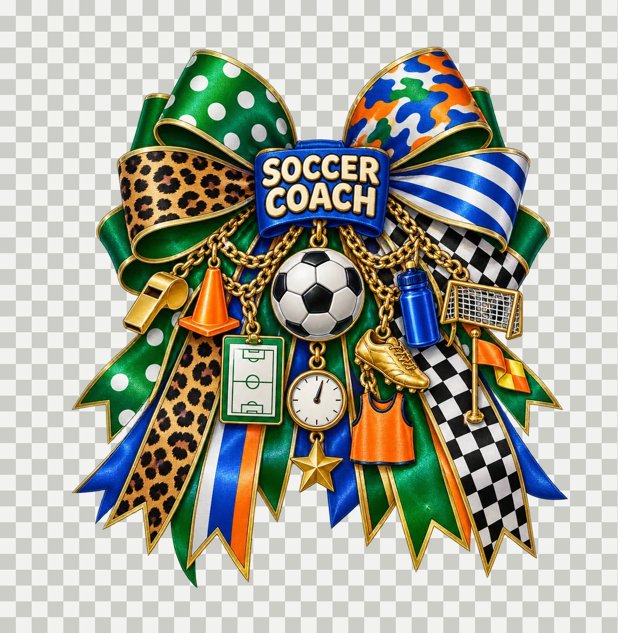 Soccer Coach Bow Charm PNG, Gold Chain Charms, Transparent Sublimation Design, Digital Download transparency and detail preview thumbnail