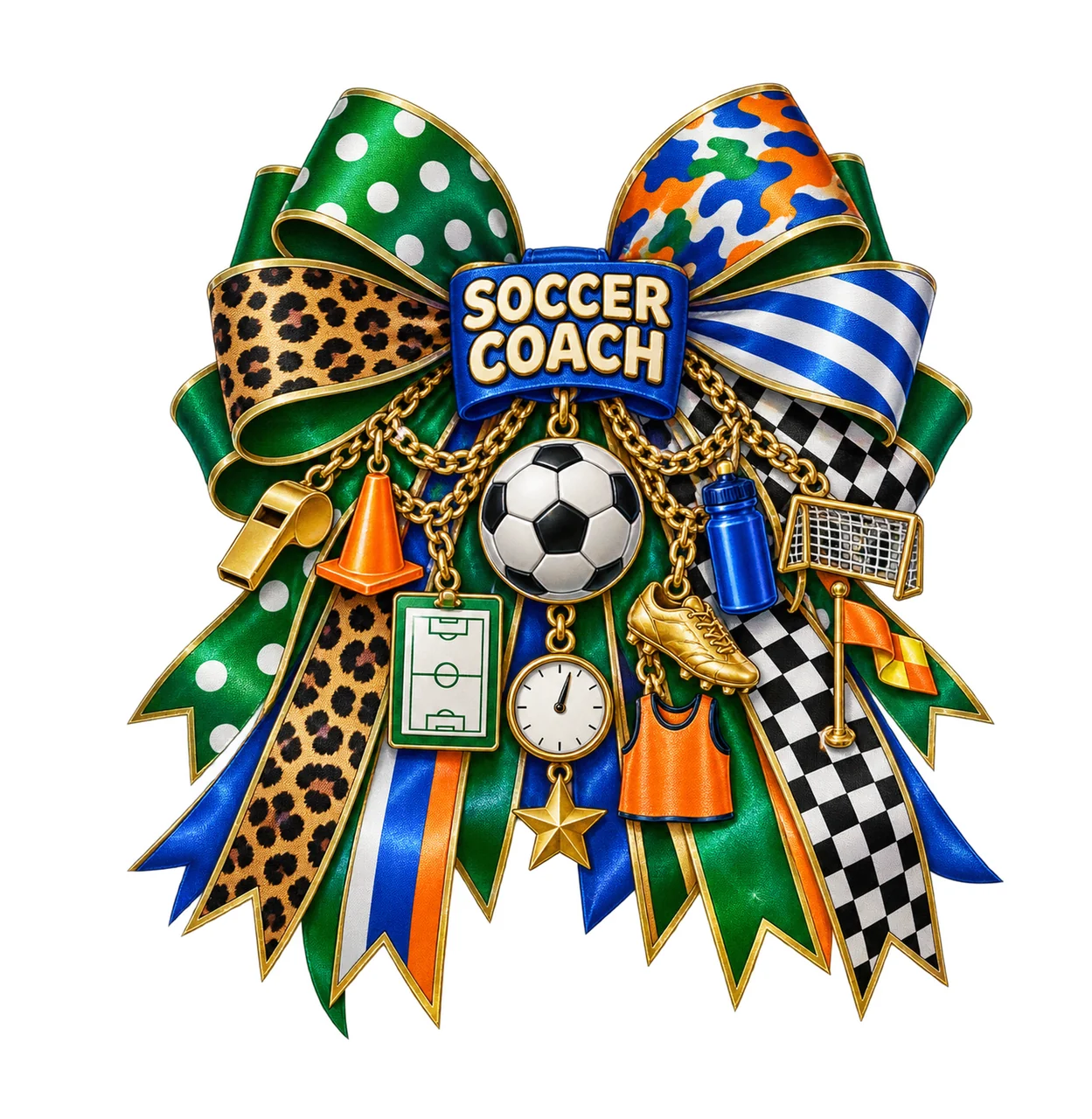 Soccer Coach Bow Charm PNG, Gold Chain Charms, Transparent Sublimation Design, Digital Download