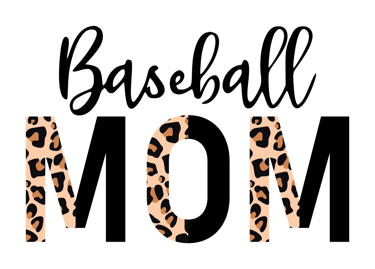 Baseball MOM Typography Design with leopard print, black cursive text and black block letters in tan and brown
