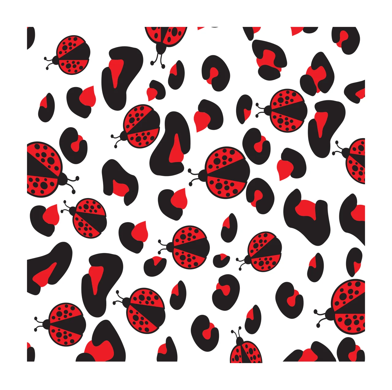 Flat Cartoon Illustration of Seamless pattern with ladybugs and abstract leopard spots with red ladybug with black spots and red heart-shaped accents in white