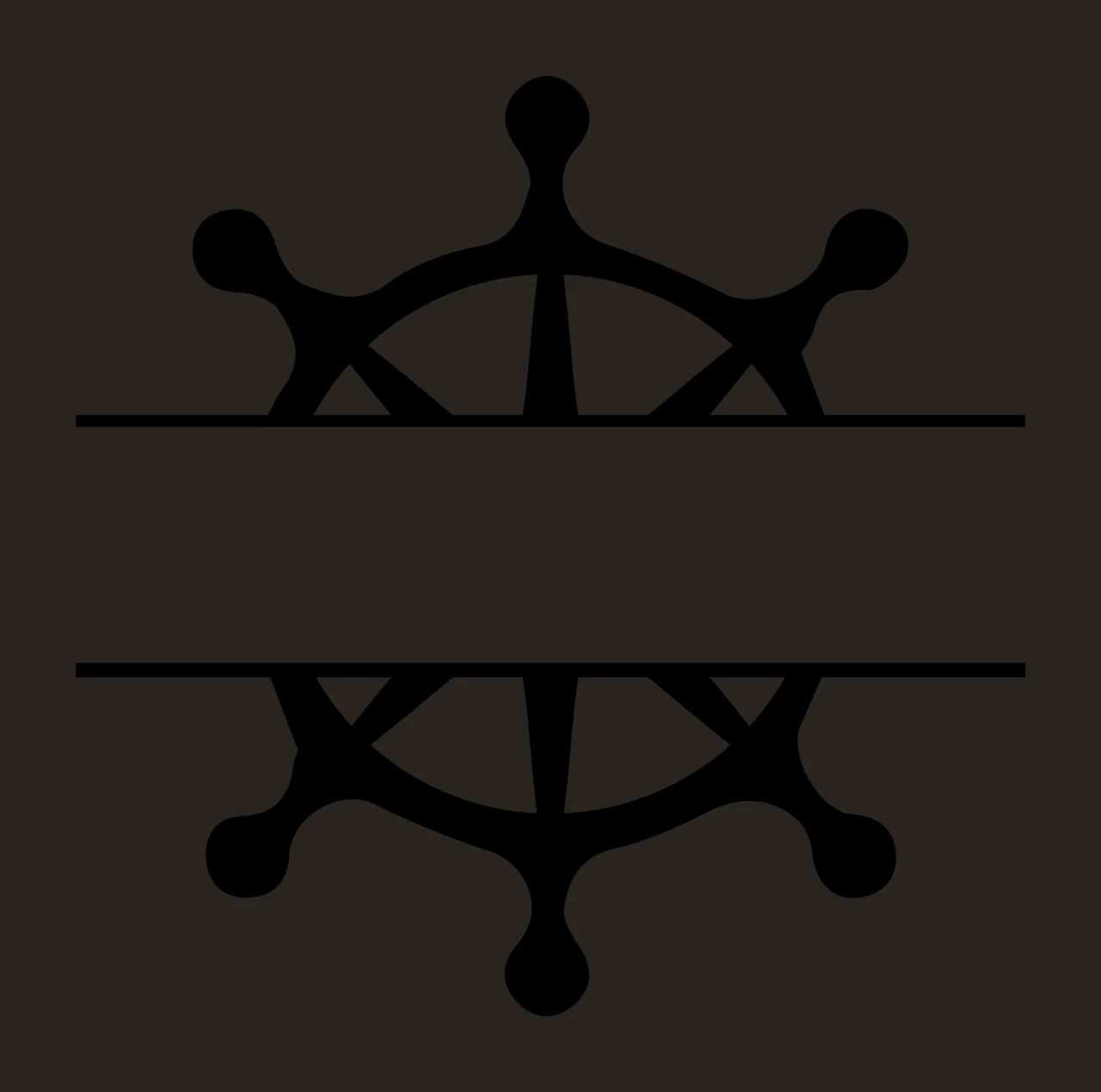 Silhouette Design of ship wheel split monogram frame with helm, spokes, handles and horizontal split lines in black and white contrast preview thumbnail