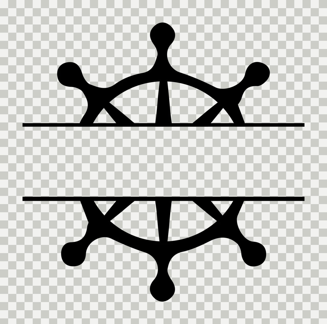 Silhouette Design of ship wheel split monogram frame with helm, spokes, handles and horizontal split lines in black and white transparency and detail preview thumbnail