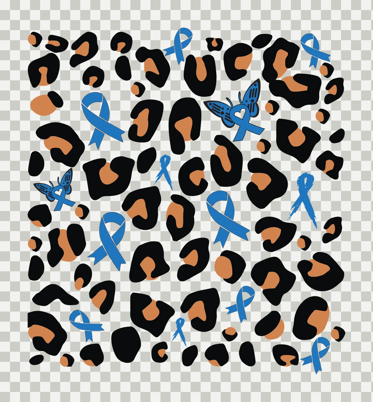Leopard print pattern with blue ribbons and butterfly motifs Illustration with blue awareness ribbon, butterfly with heart-shaped wing, black leopard spots and tan leopard spots transparency and detail preview thumbnail