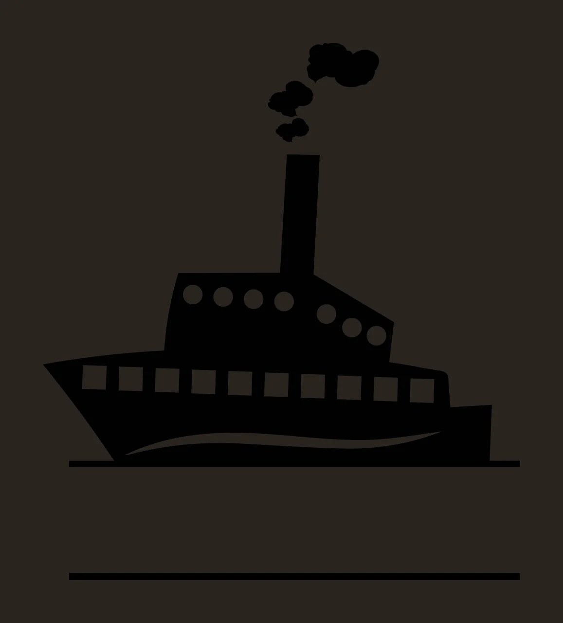 Silhouette Design of steamboat with ship silhouette, smokestack, smoke puffs and portholes in black and white contrast preview thumbnail
