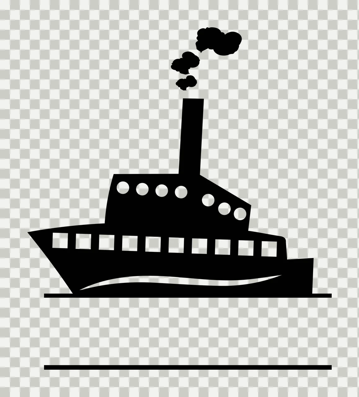 Silhouette Design of steamboat with ship silhouette, smokestack, smoke puffs and portholes in black and white transparency and detail preview thumbnail