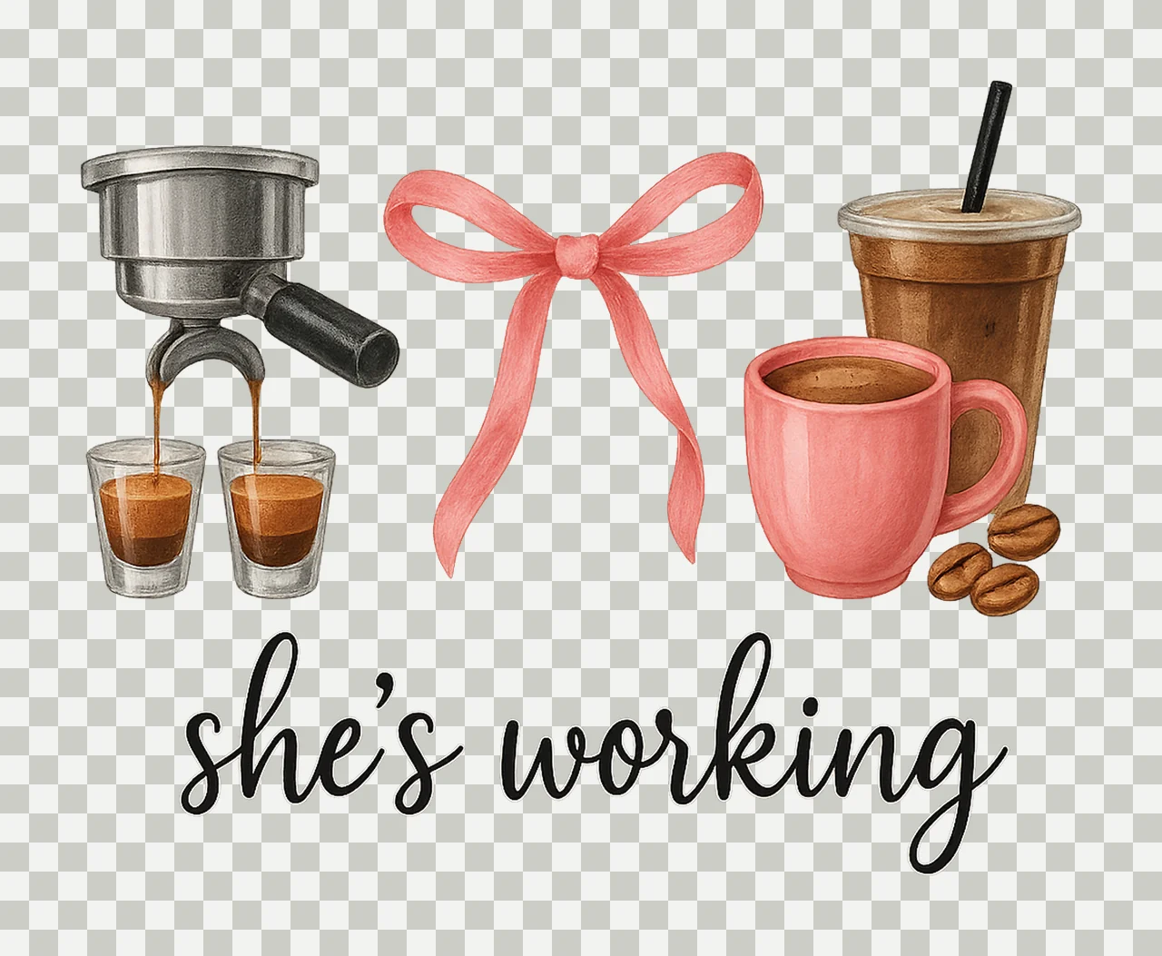 Shes Working Barista Design Coffee Sublimation Coquette Bow transparency and detail preview thumbnail