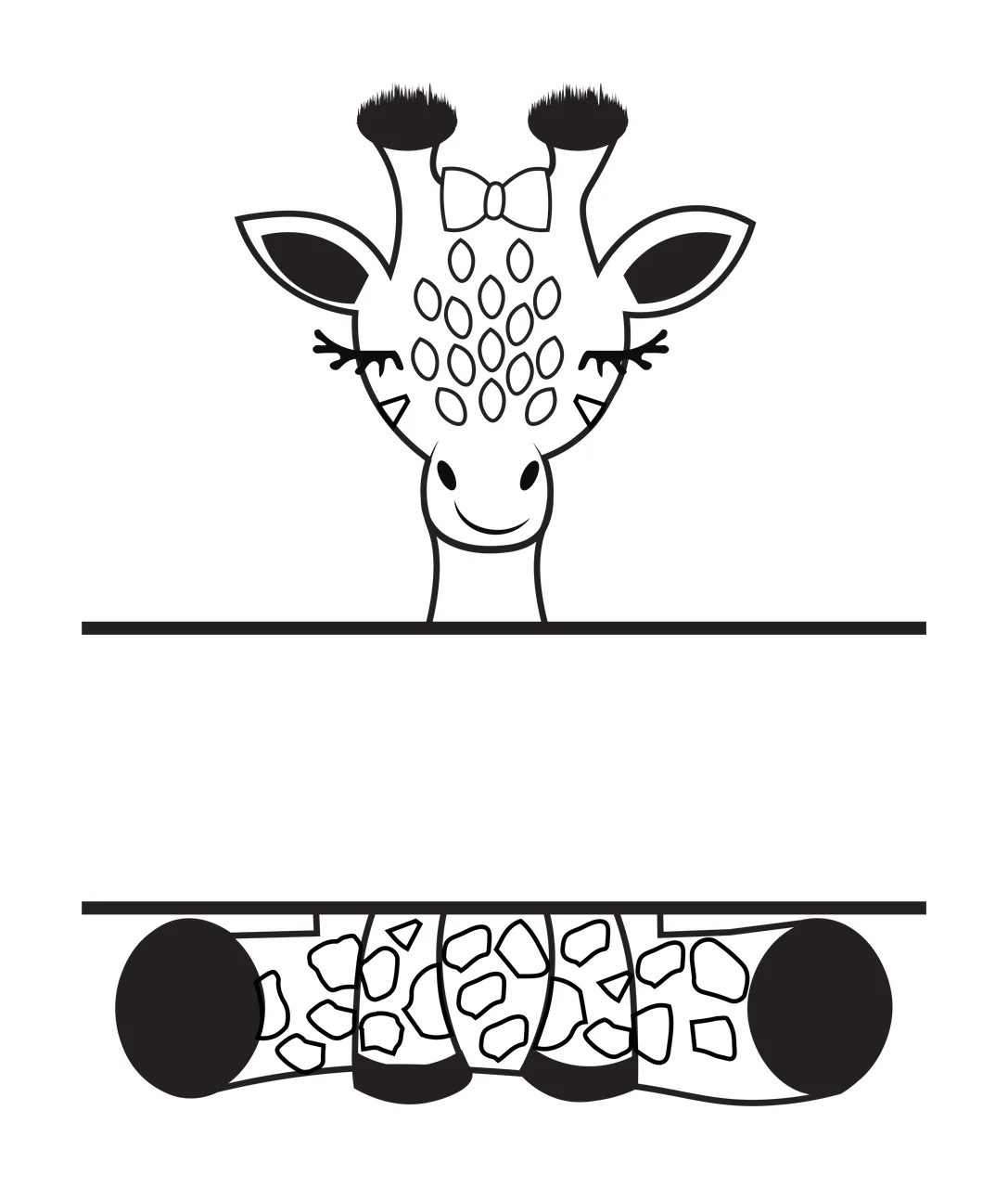 Cartoon Illustration of Giraffe head with bow and spotted neck with spotted pattern, two horns, eyelashes and smiling face in black and white