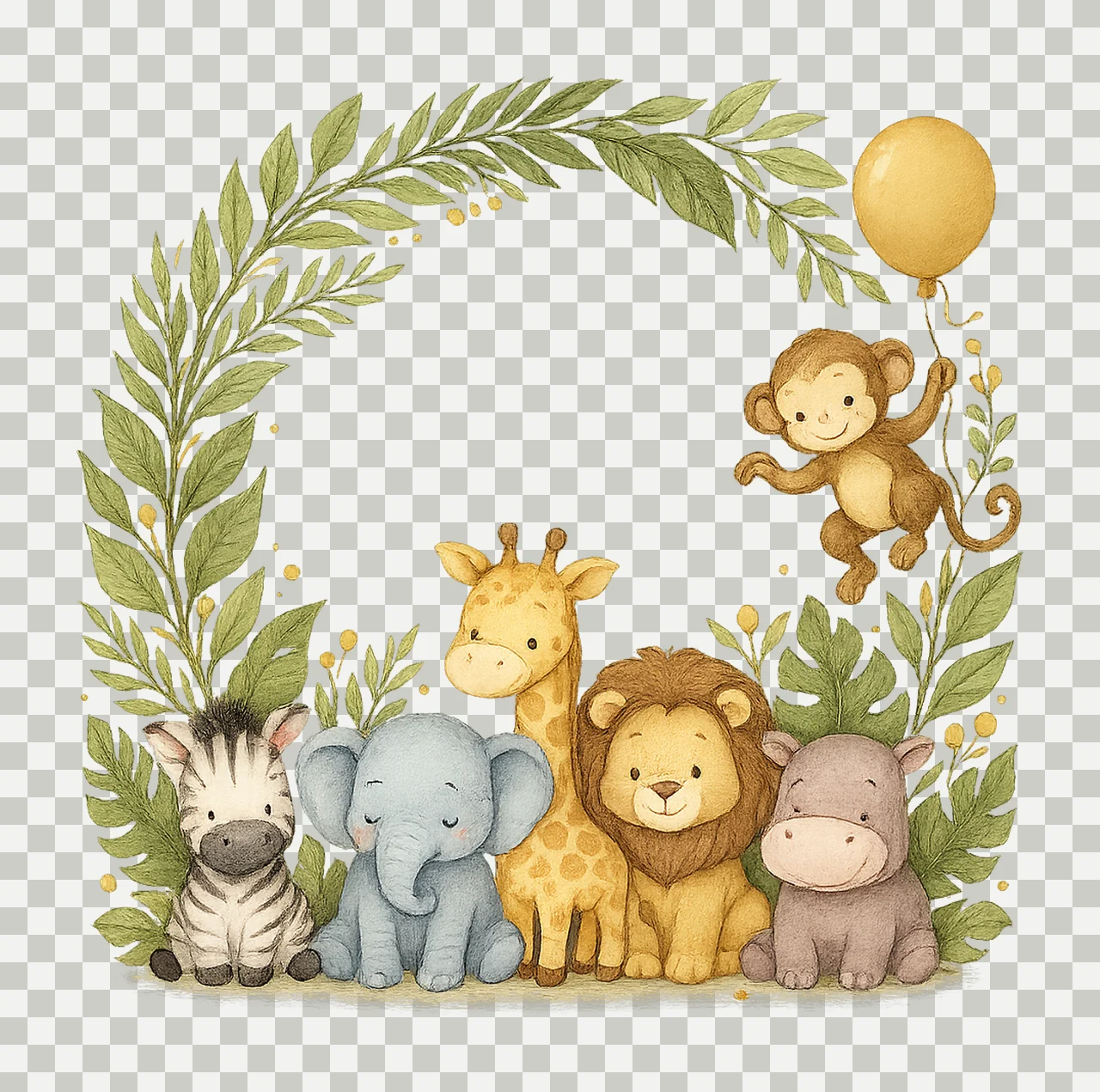 Safari Jungle Border Watercolor Baby Animals Wild One transparency and detail preview thumbnail
