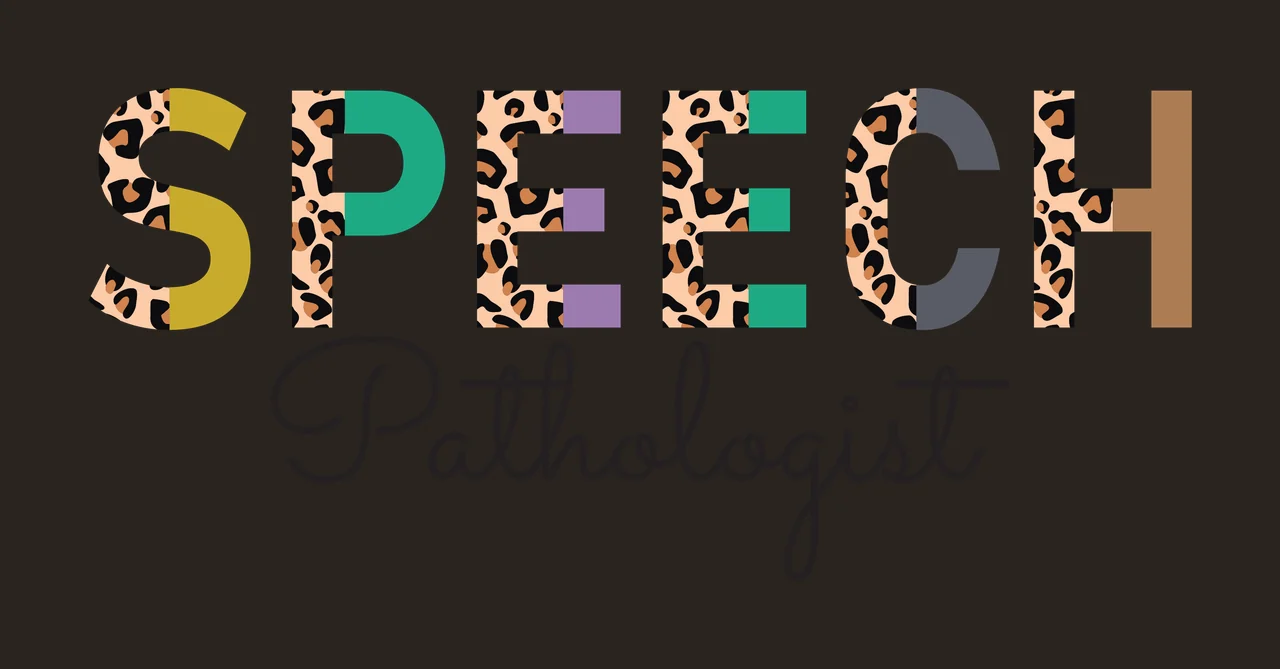 SPEECH Pathologist typography Design with split lettering, leopard print, block text and cursive script in gold, teal and purple contrast preview thumbnail