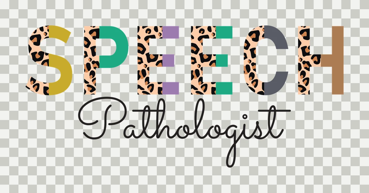 SPEECH Pathologist typography Design with split lettering, leopard print, block text and cursive script in gold, teal and purple transparency and detail preview thumbnail