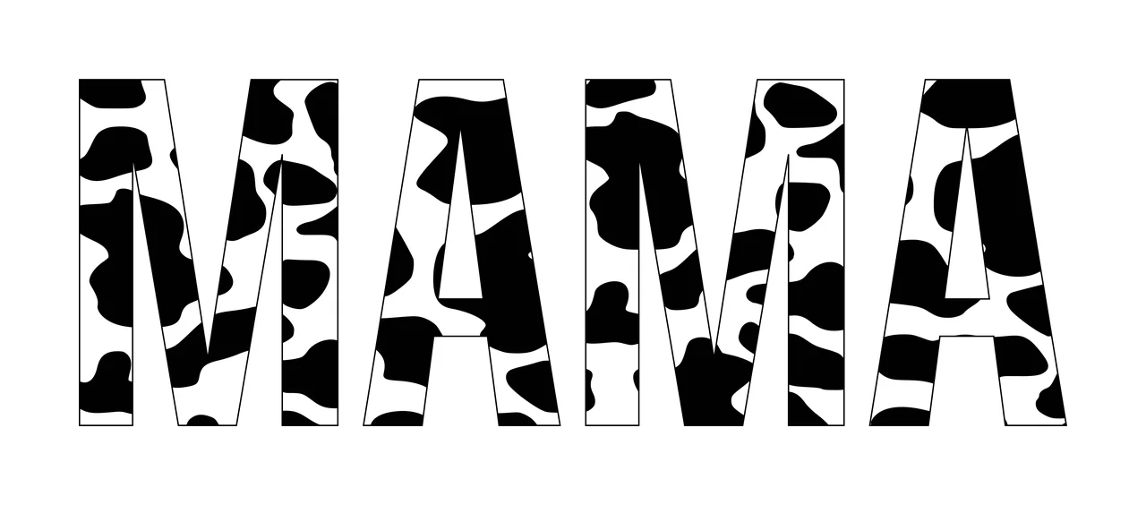 MAMA Typography Design with cow print, letters, animal pattern and western in black and white