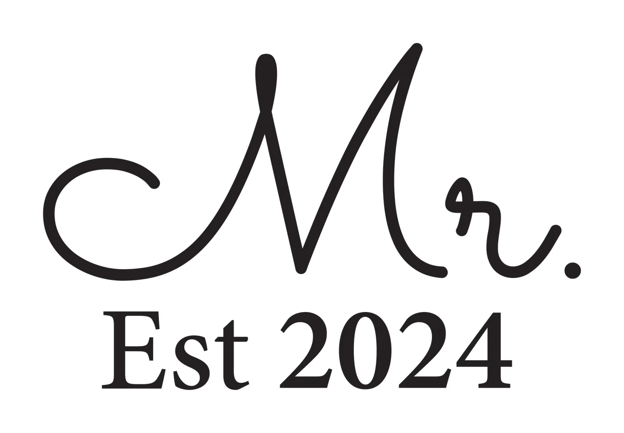 Mr. Est 2024 Typography Design with black cursive 'Mr ' and black serif 'Est 2024' in white